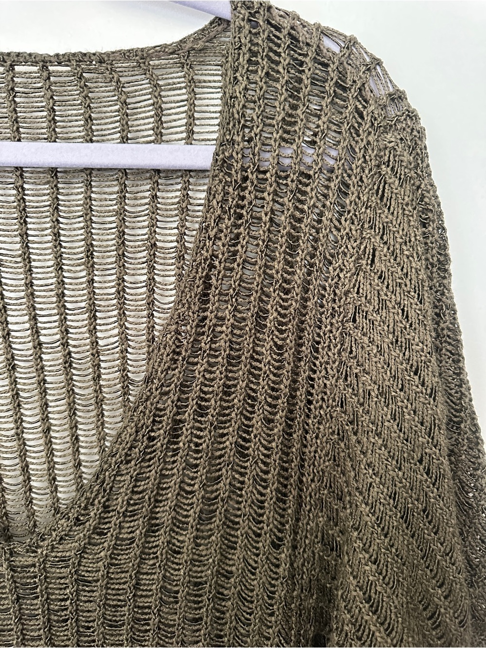 Olive Green Crochet Sweater Womens M L Open Knit V Neck Beach Cover Up - Picture 4 of 6